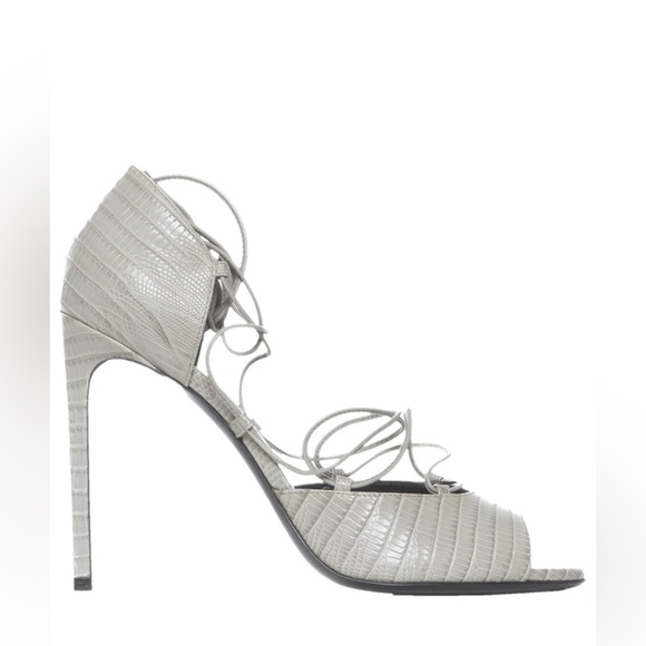 Saint Laurent Embossed Leather Gladiator Open Toe Heels Gray lace up ankle Wrap - Picture 4 of 10